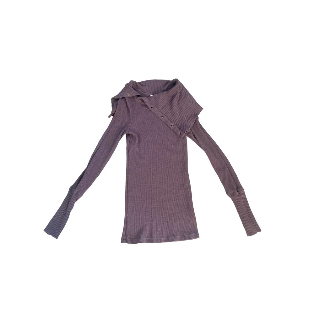 Women M Anthropologie Pure + Good Waffle Thermal Rib Purple Shirt Top Snap Neck